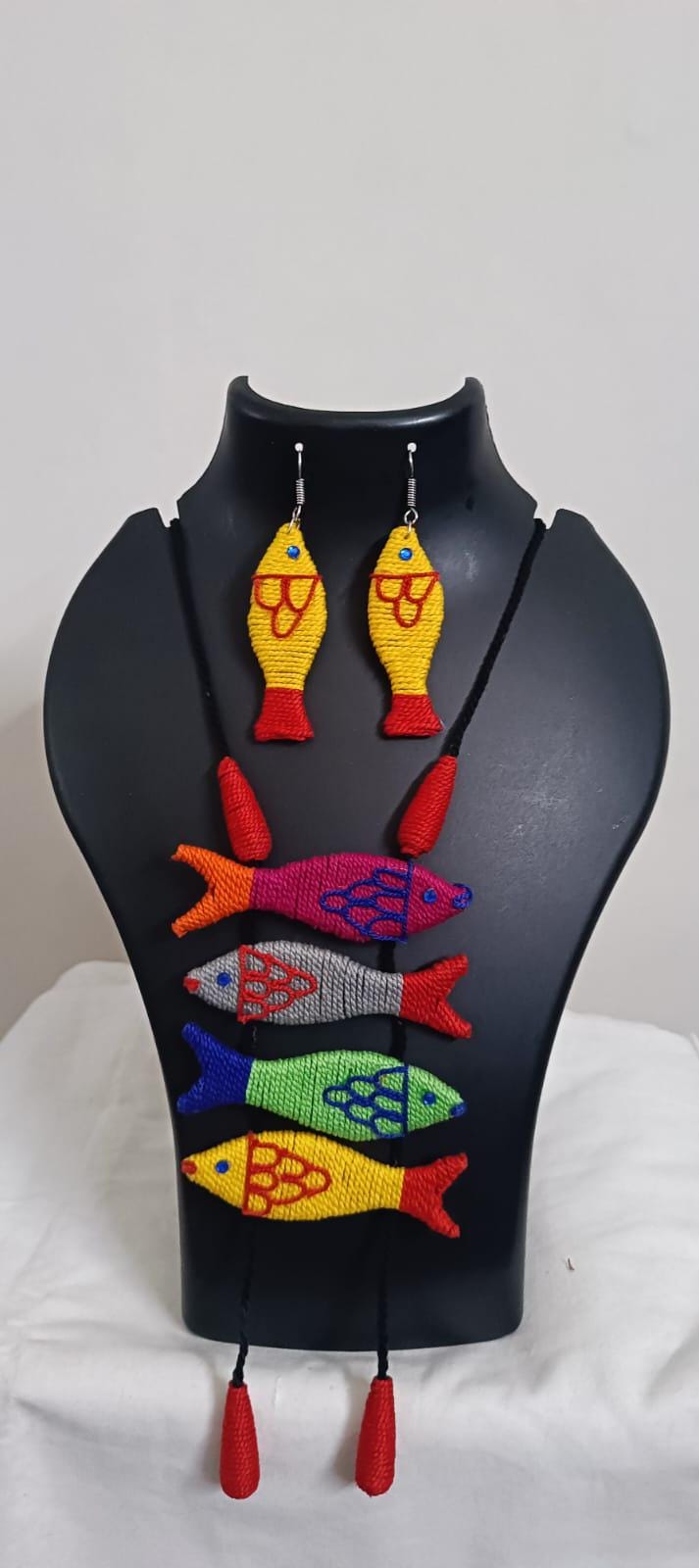 Multi colour crochet thread necklace with fish pendant and matching thread earrings
