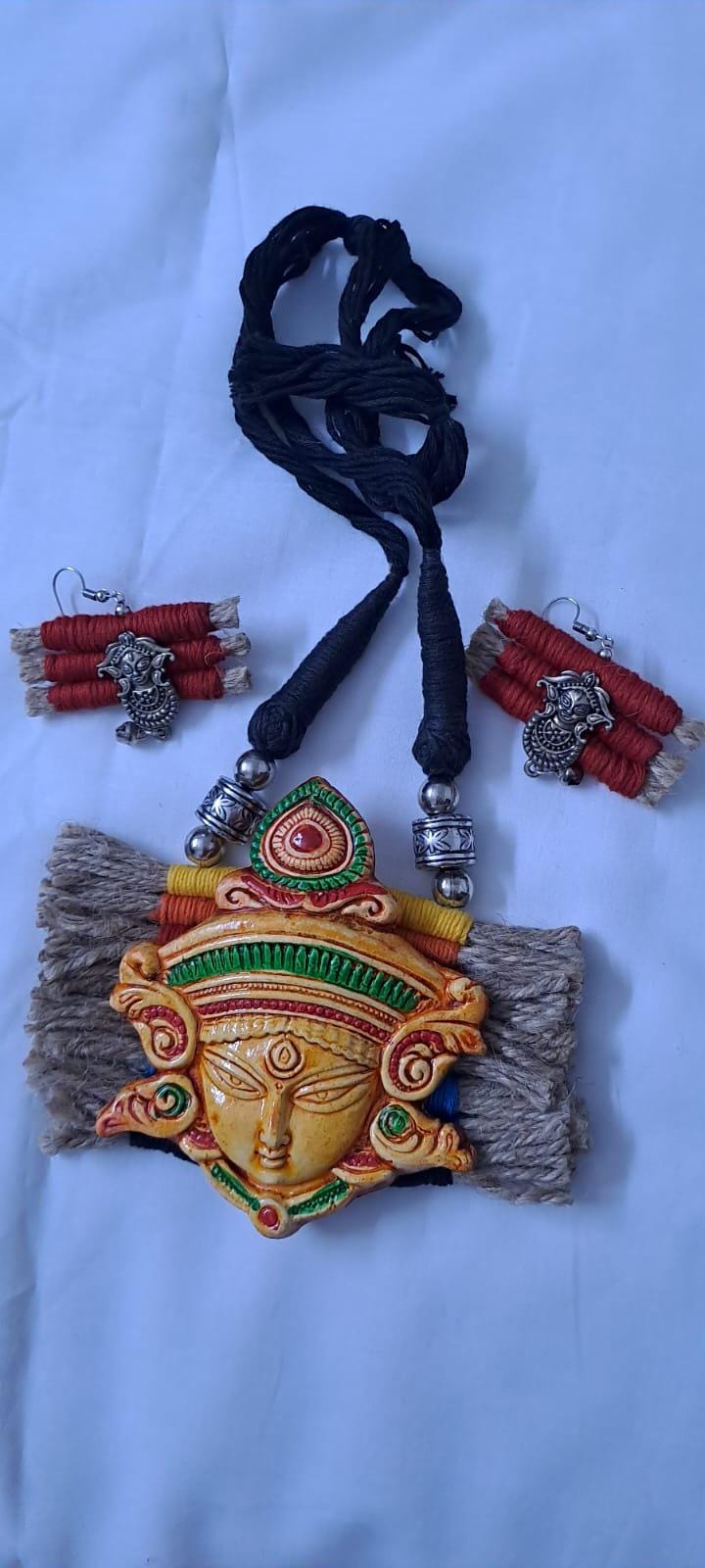 Terracotta Durga pendant jute necklace set with matching earrings