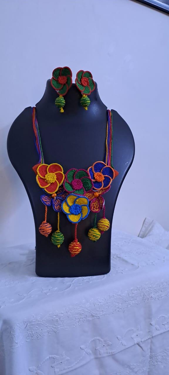Multi colour flower thread necklace with thread bead fringes and matching earrings