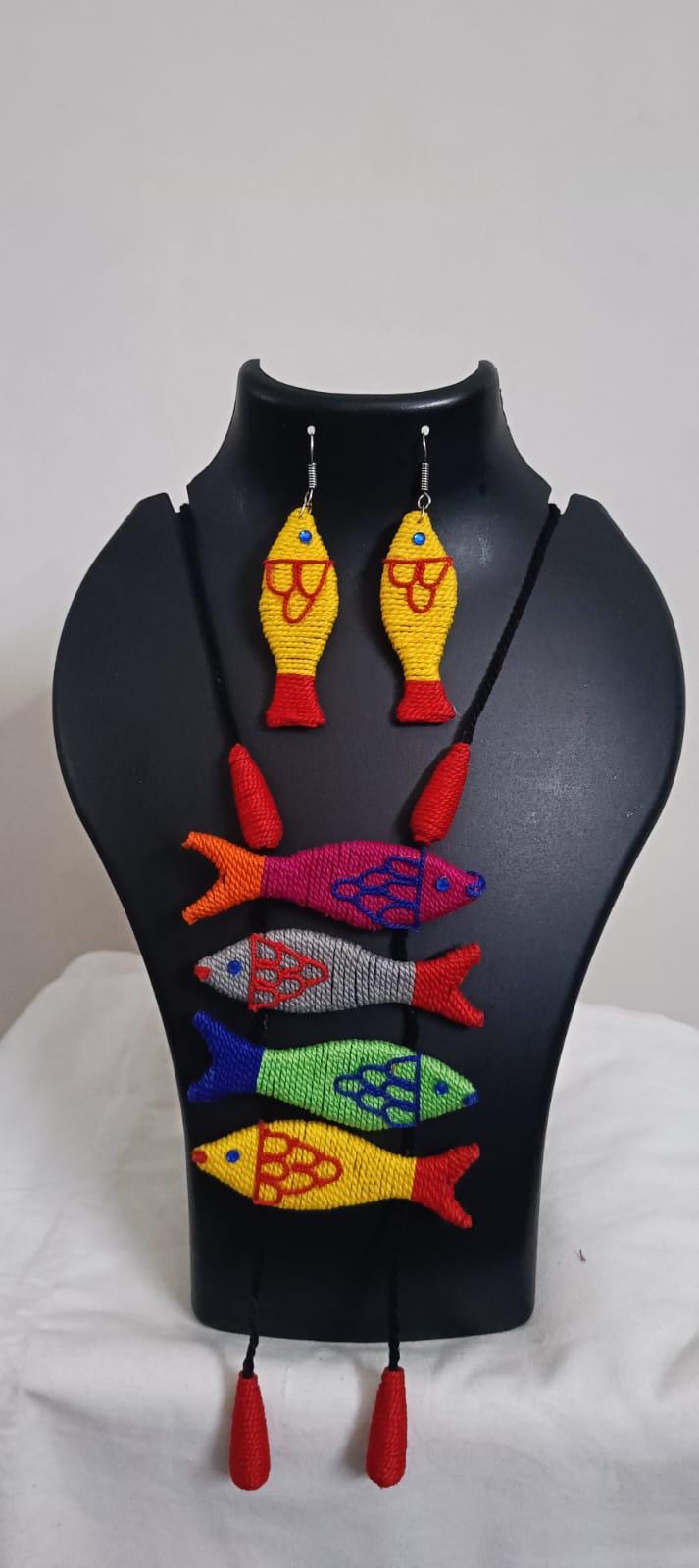 Multi colour crochet thread necklace with fish pendant and matching thread earrings