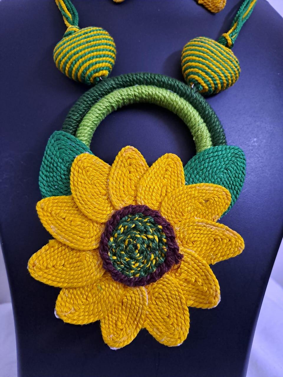 Yellow thread necklace set with sunflower pendant n matching earrings