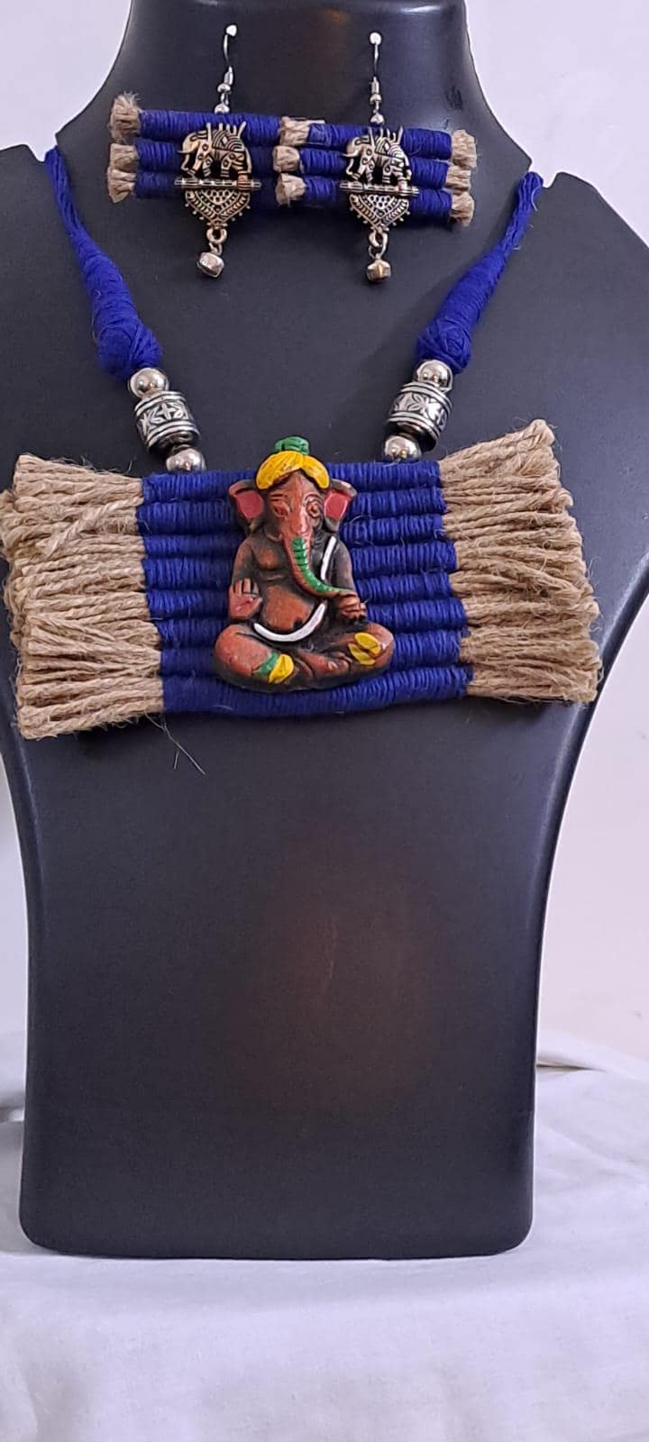 Terracotta Ganesha pendant jute necklace set with matching earrings