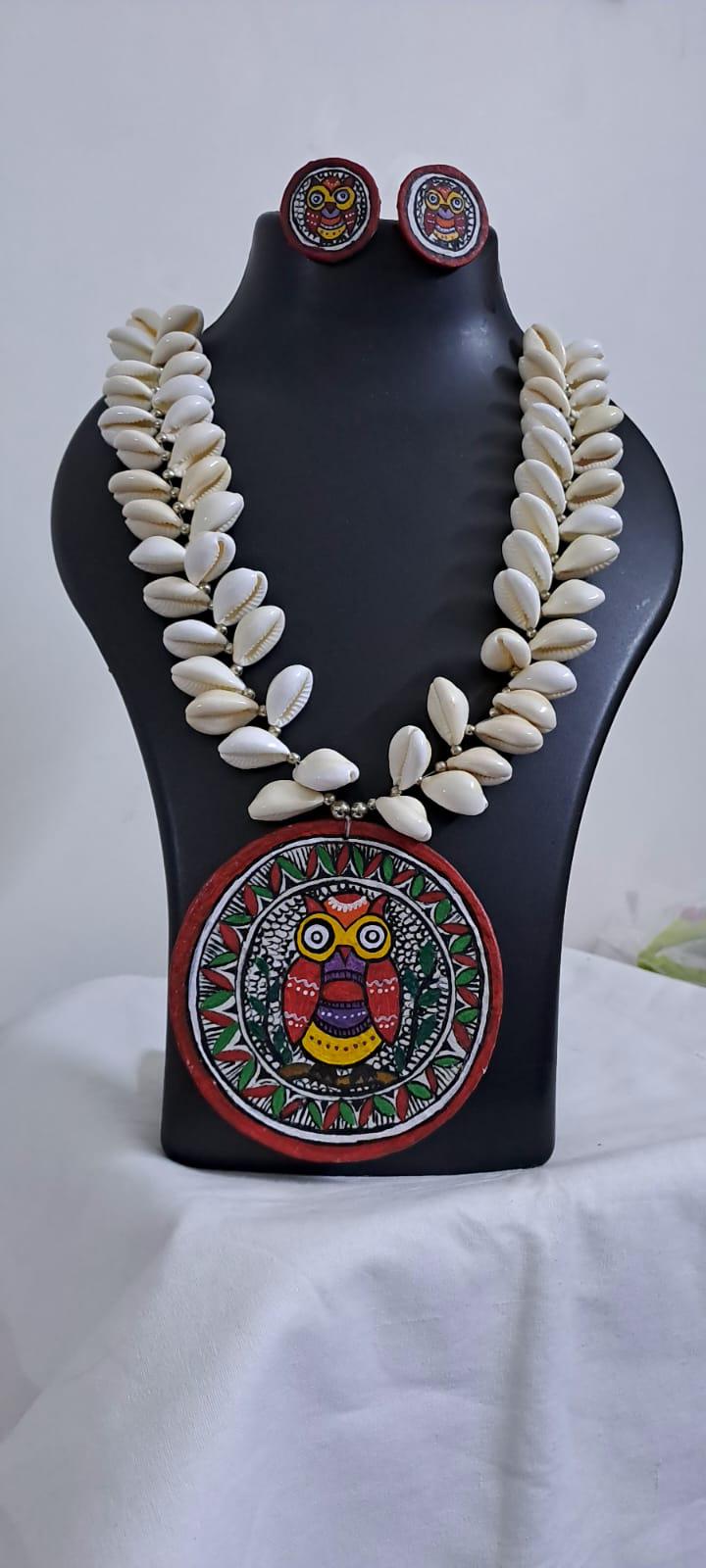 Handpainted fabric jewellery set with matching earrings