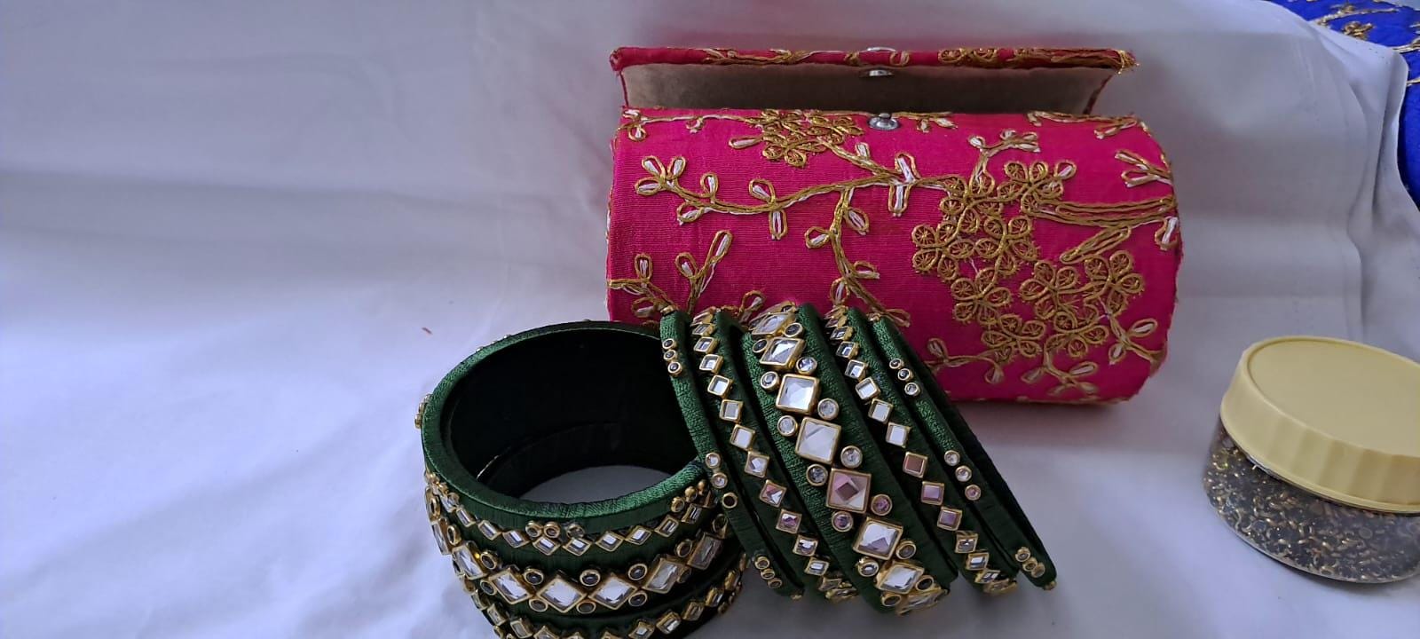 Green colour traditional thread kundan bangles with zari bangle box