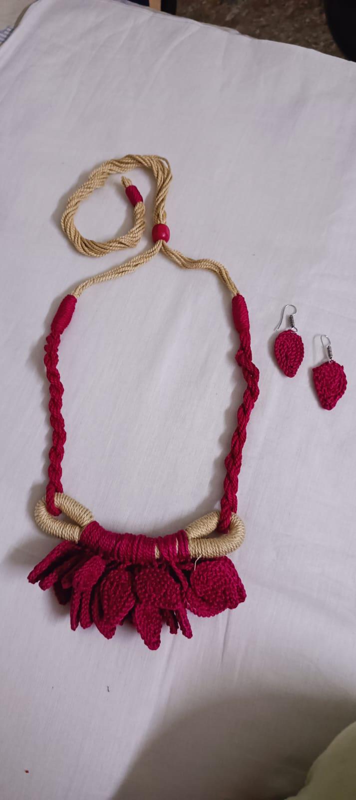 Pink Crochet thread necklace set with leaf fringes and matching earrings
