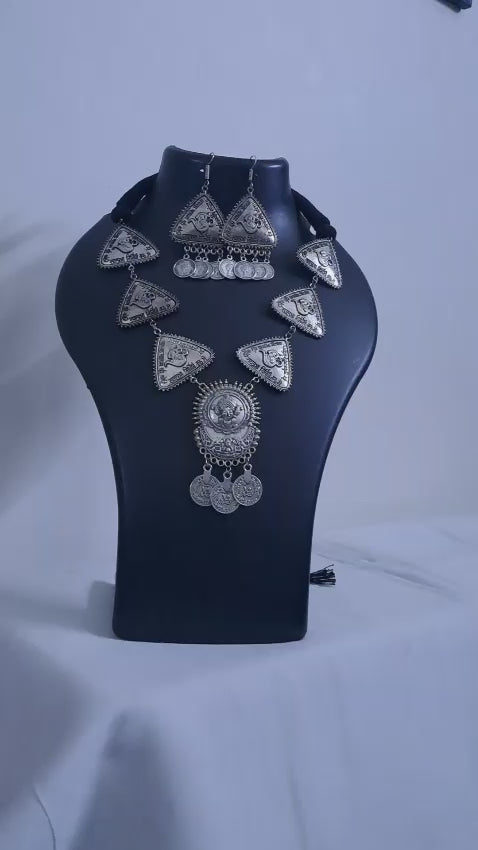 Silver Oxidised Long Necklace Set with Matching Earrings