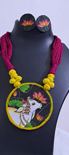 Handpainted fabric jewellery set with matching earrings
