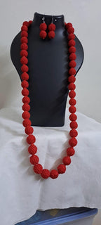 Exclusive red colour thread beads long necklace set with matching earrings