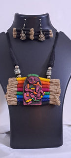 Terracotta Ganesha & Parvati pendant jute necklace set with matching earrings