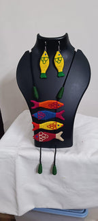 Multi colour crochet thread necklace with fish pendant and matching thread earrings