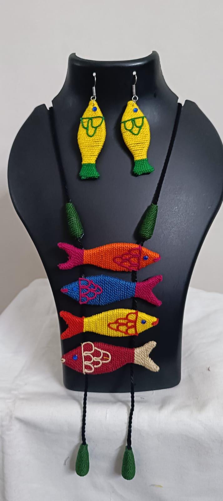 Multi colour crochet thread necklace with fish pendant and matching thread earrings