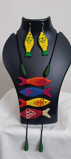 Multi colour crochet thread necklace with fish pendant and matching thread earrings