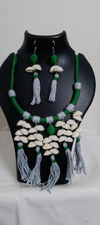 Exclusive green n grey hasuli thread necklace set with shell fringes n matching earrings