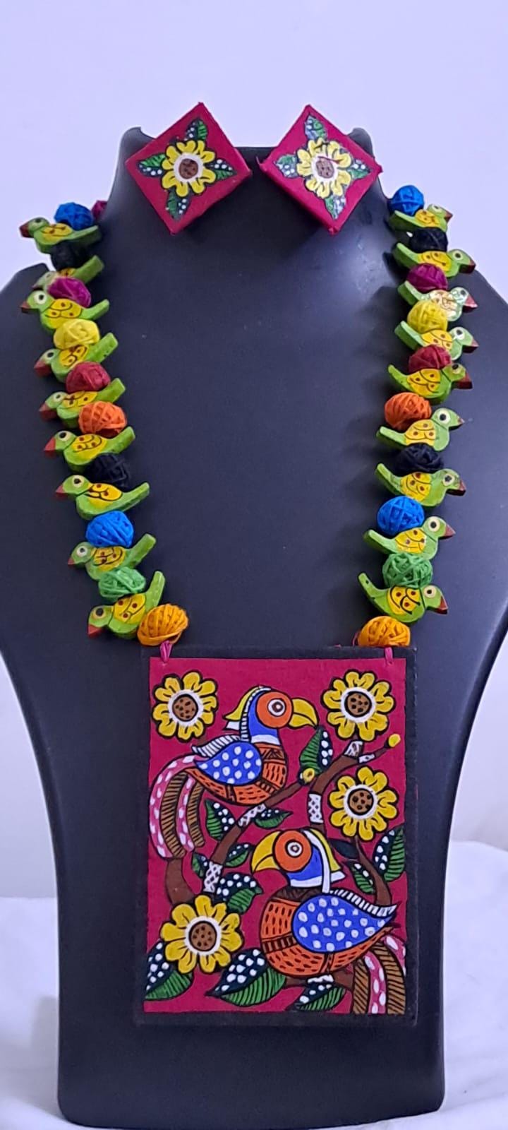 Handpainted fabric necklace set with earrings