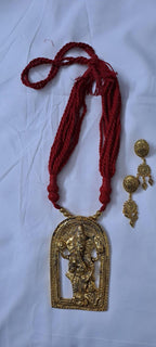 Maroon thread necklace with golden oxidised ganesha pendant
