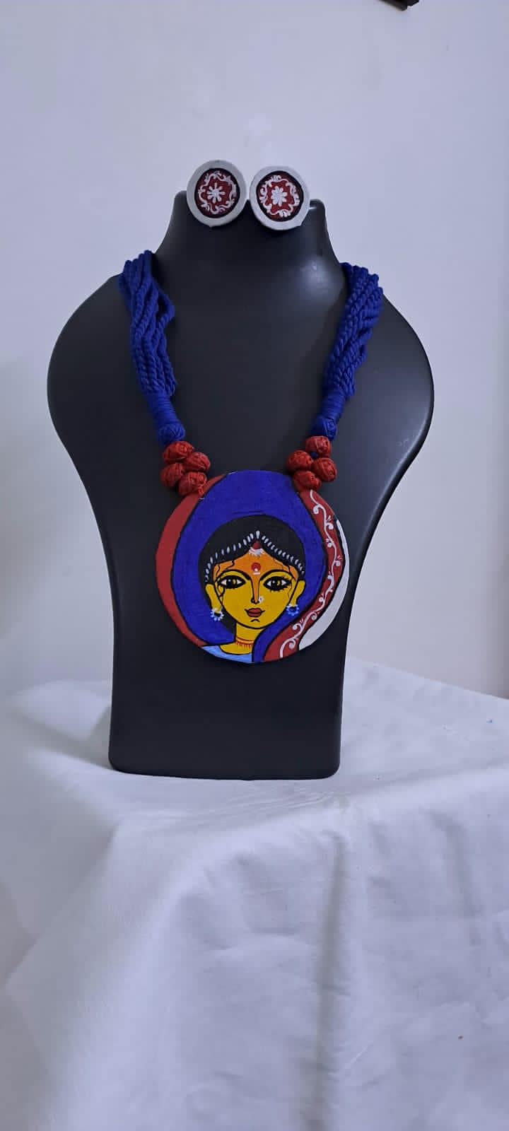 Handpainted fabric necklace set with earrings