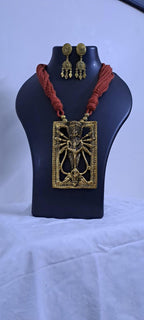 Brown  thread necklace with oxidised golden durga pendant