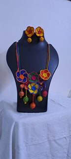 Multi colour flower thread necklace with thread bead fringes and matching earrings