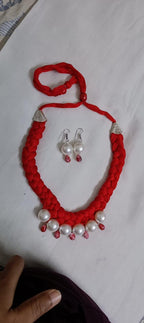 Red  braided thread necklace with pearl n pearl danglers