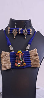 Terracotta Ganesha pendant jute necklace set with matching earrings