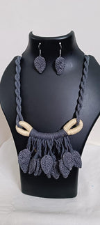 Grey Crochet thread necklace set with leaf fringes and matching earrings