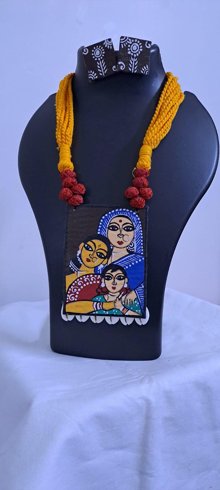 Handpainted fabric necklace set with earrings