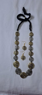 Exclusive silver oxidised set with flat round beads of gold n silver tone mix n matching earrings