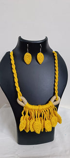 Yellow Crochet thread necklace set with leaf fringes and matching earrings
