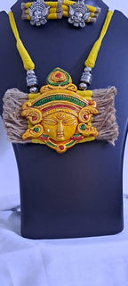 Terracotta Durga pendant jute necklace set with matching earrings