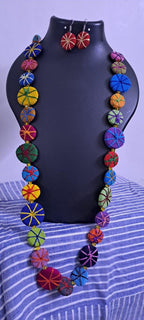 Exclusive multicoloured flat thread beads long necklace set with matching earrings (red)