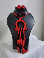 Crochet thread necklace set with fringes and matching earrings