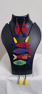 Multi colour crochet thread necklace with fish pendant and matching thread earrings