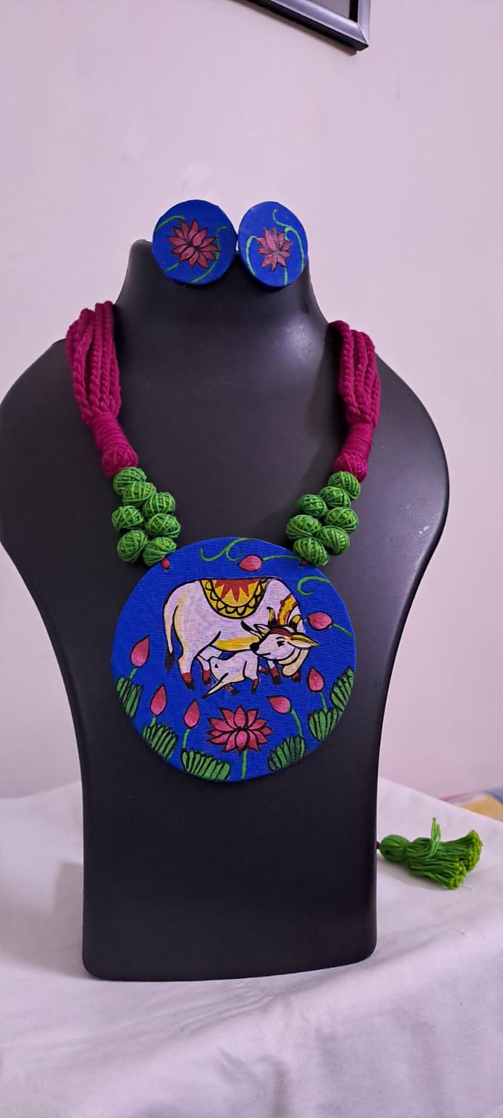 Handpainted fabric necklace set with earrings