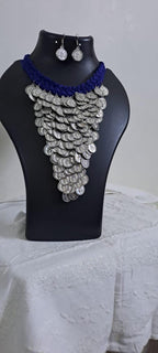 Braided blue choker necklace set with multi layered fringes n matching earrings
