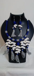 Exclusive blue n grey hasuli thread necklace set with shell fringes n matching earrings