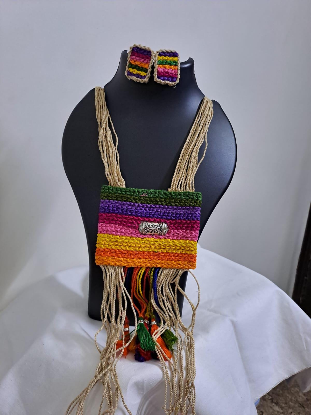 Multi colour crochet thread necklace with thread danglers and matching thread earrings