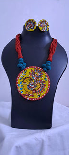 Handpainted fabric necklace set with earrings