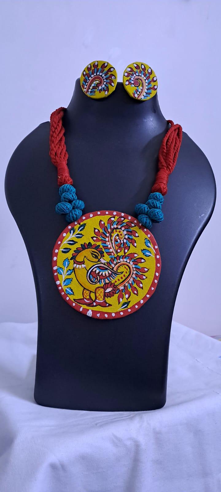 Handpainted fabric necklace set with earrings