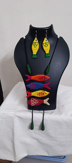 Multi colour crochet thread necklace with fish pendant and matching thread earrings