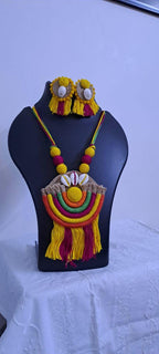 Exclusive multicoloured thread necklace set with jute n thread pendant n matching earrings