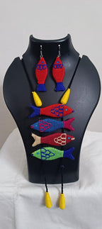 Multi colour crochet thread necklace with fish pendant and matching thread earrings