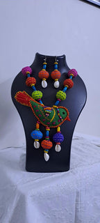 Exclusive fabric necklace with embroidered green fabric bird pendant and fabric beads n matching beads
