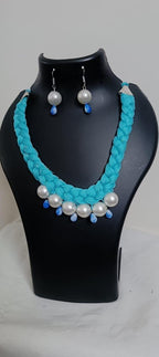 Blue  braided thread necklace with pearl n pearl danglers