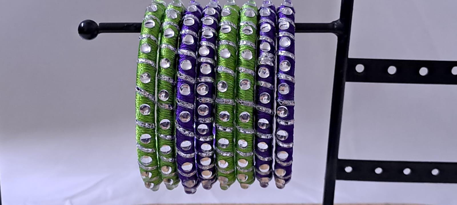 Purple and Green colour traditional kundan n gotta patti bangles with zari box  (set of 8 bangles)