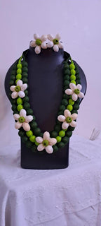 Exclusive multi-layered green fabric necklace with shells n matching earrings