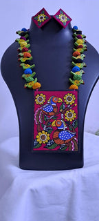 Handpainted fabric necklace set with earrings