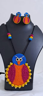 Handmade thread jewellery necklace set with owl pendant and matching earrings