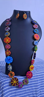 Exclusive multicoloured flat thread beads long necklace set with matching earrings (orange)