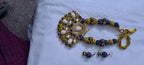 Blue yellow thread beads necklace set with dokra pendant n matching earrings