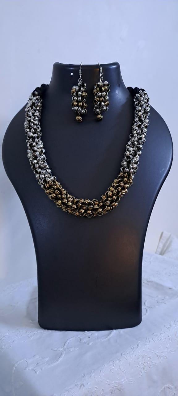 Exclusive silver oxidised traditional trinket beads necklace and matching earrings